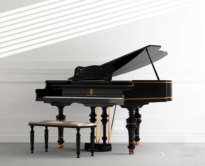 Elegant Black Grand Piano With Padded Stool And Light Stripes On White Wall 3d model 