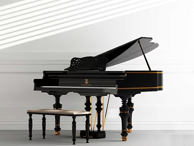 Elegant Black Grand Piano With Padded Stool And Light Stripes On White Wall 3d model