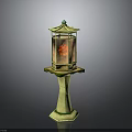 Traditional Chinese Lantern With Green Roof Yellow Pillar Stand And Red Panels