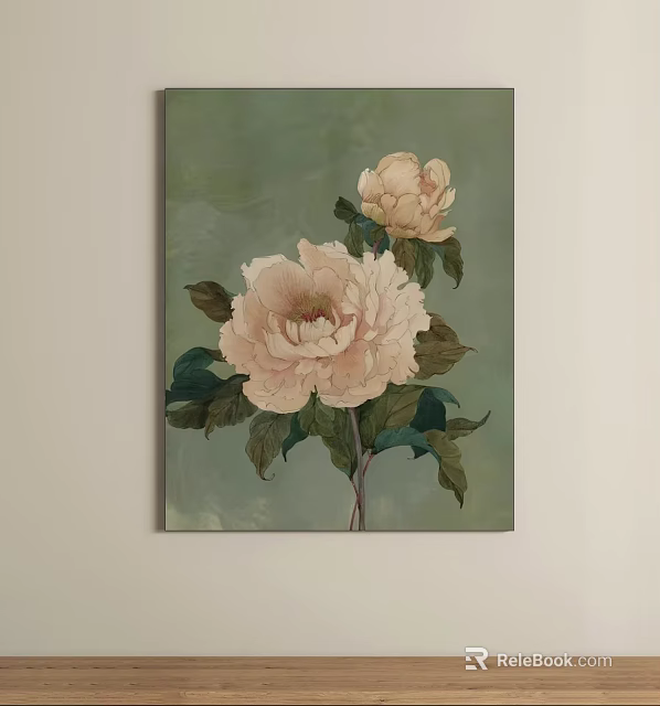 Peony Painting With Light Pink Flowers Dark Green Leaves And Green Background 3d model 