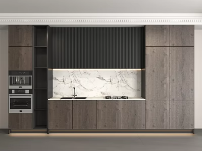Modern Kitchen Interior With Gray Cabinets Marble Countertop Black Backsplash And Appliances 3d model