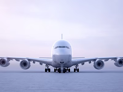 White Passenger Plane With Four Engines Front View On Runway Against Sky 3d model