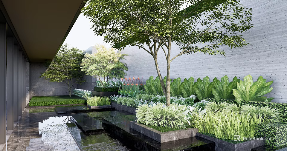 Modern Courtyard Garden Design With Tree Water Pond And Lush Greenery 3d model 