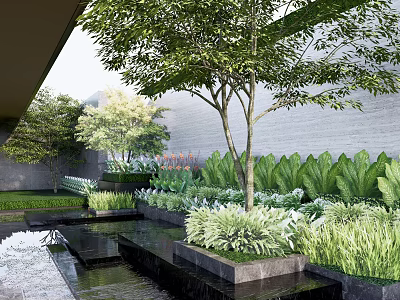 Modern Courtyard Garden Design With Tree Water Pond And Lush Greenery 3d model