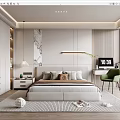 Modern Bedroom Interior Design With Minimalist Bed Green Chair Marble Accent And Large Window