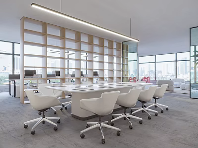 Modern Conference Room Interior Design With Long Table White Chairs Bookshelves And Large Windows 3d model
