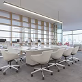 Modern Conference Room Interior Design With Long Table White Chairs Bookshelves And Large Windows