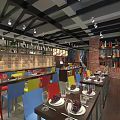 Modern Industrial Restaurant Interior With Colorful Chairs Brick Wall Table Settings And Food
