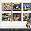 Six Cartoon Cat Paintings On Wall With Colorful Striped Doll In Front