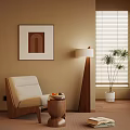Beige Single Sofa With Wooden Frame Side Table Floor Lamp And Plant In Living Room