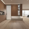 Modern Living Room Interior With Wooden Elements Large Screen TV And Floor to Ceiling Windows
