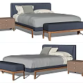 Modern Double Bed With Wooden Frame Bedside Table And Gray Footstool 3d model