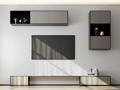 Modern TV Stand Design With Wall Mounted Cabinets And Flat Screen TV 3d model