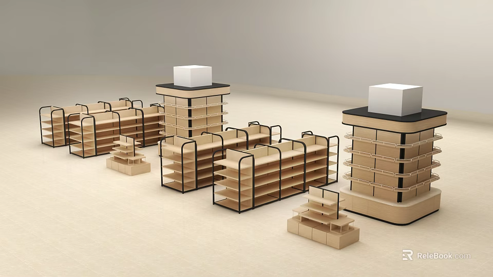 Shopping Mall Counter With Multiple Wooden Metal Display Shelves For Retail Products 3d model 