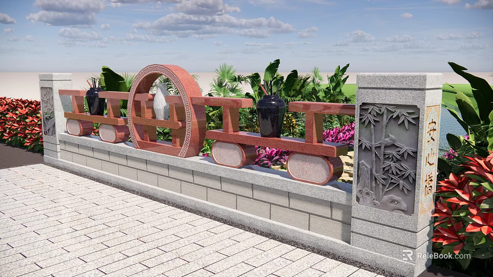 Red Bridge Railing With Circular Decoration Stone Pillars Green Plants And Bamboo Carvings 3d model 