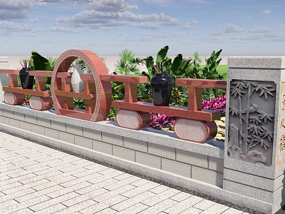 Red Bridge Railing With Circular Decoration Stone Pillars Green Plants And Bamboo Carvings 3d model
