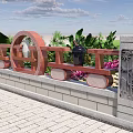 Red Bridge Railing With Circular Decoration Stone Pillars Green Plants And Bamboo Carvings