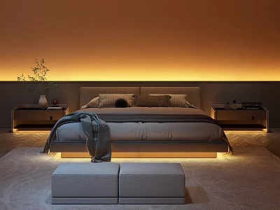 Modern Bedroom Interior Design With Warm Lighting Headboard Nightstands Foot Bench And Potted Plant 3d model