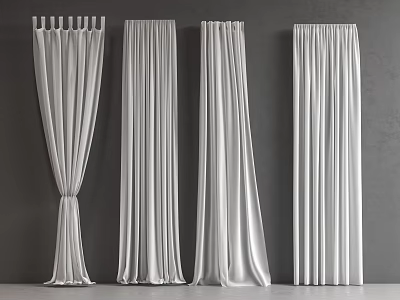 Elegant White Curtains With Various Drapery Styles Pleats And Folds On Gray Wall And Floor 3d model
