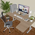 Sunlit Home Office Desk With iMac Computer Headphones Table Lamp Potted Plants And Ergonomic Chair