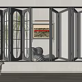 Black Folding Glass Doors In Indoor Scene With Cat And Wall Painting