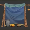 Blue Canopy Structure With Orange Stands Gray Vase Yellow Pumpkins And Fruits