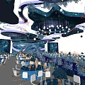 Elegant Banquet Hall With Starry Ceiling Blue Gold Decor And Hanging Lights