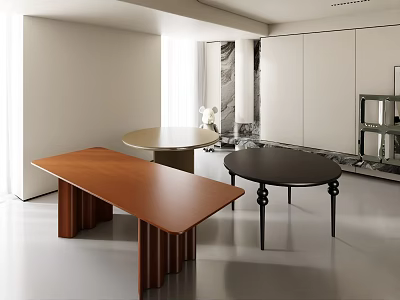 Minimalist Modern Interior Space Showcasing Rectangular Wooden And Round Black Dining Tables 3d model