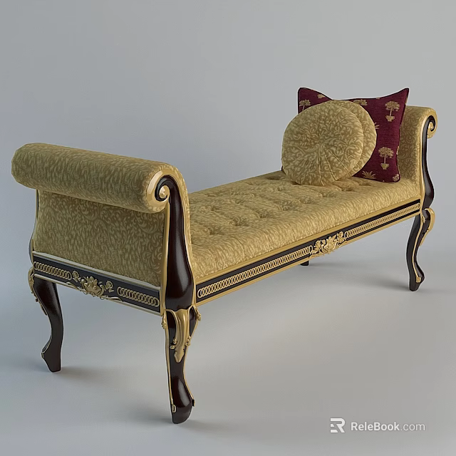 Classic Ottoman With Beige Upholstery Dark Wooden Legs Carved Details And Pillows 3d model 
