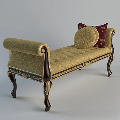 Classic Ottoman With Beige Upholstery Dark Wooden Legs Carved Details And Pillows 3d model