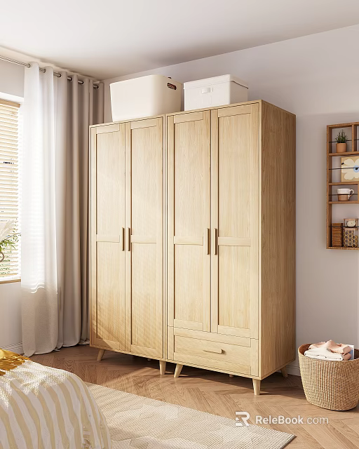Light Colored Wooden Four Door Wardrobe With Drawer In Modern Bright Bedroom Interior 3d model 
