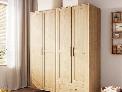 Light Colored Wooden Four Door Wardrobe With Drawer In Modern Bright Bedroom Interior 3d model