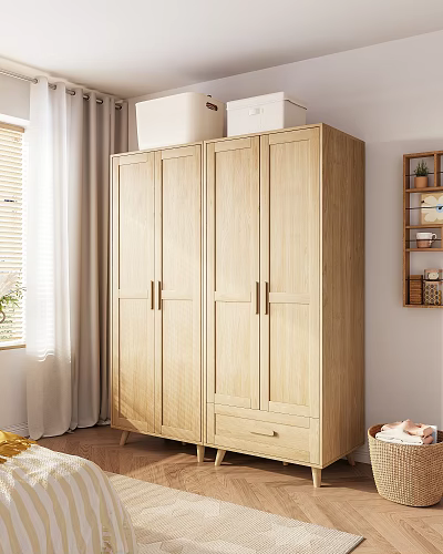 Light Colored Wooden Four Door Wardrobe With Drawer In Modern Bright Bedroom Interior 3d model