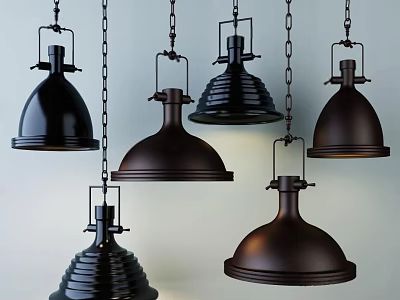 Industrial Style Pendant Lights With Various Black Brown Designs Hanging In Interior 3d model