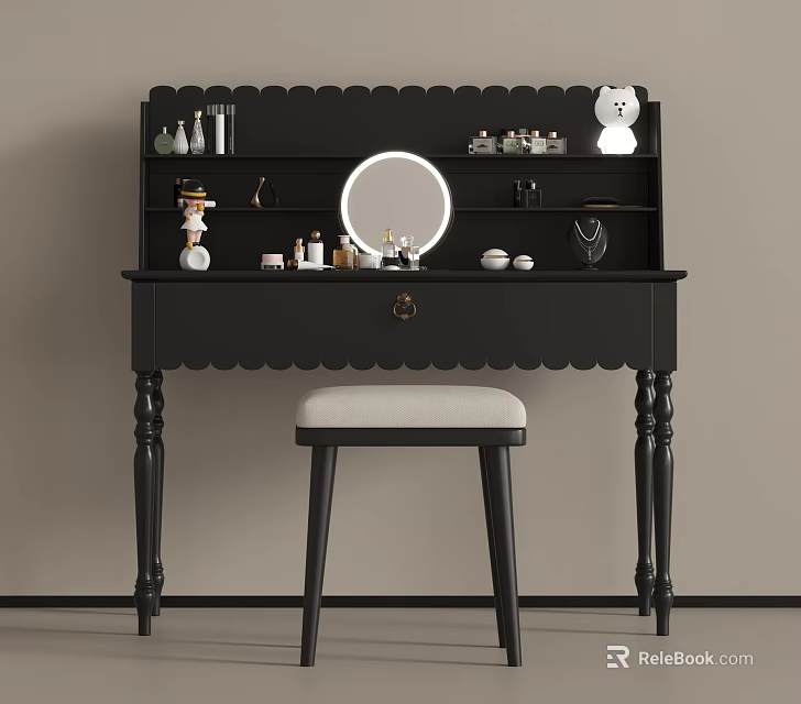 Modern Black Scalloped Dressing Table With Round Mirror Cosmetics And Upholstered Stool 3d model 