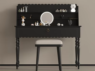 Modern Black Scalloped Dressing Table With Round Mirror Cosmetics And Upholstered Stool 3d model