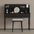 Modern Black Scalloped Dressing Table With Round Mirror Cosmetics And Upholstered Stool