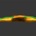 Wooden Bridge Scene With Blue Water Area Yellow Sand And Green Grass Patches