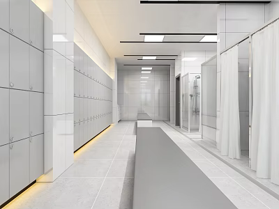 Modern Public Restroom Interior With Lockers Bright Lighting And White Tiled Floors 3d model