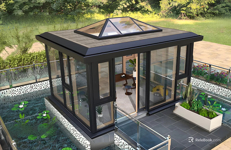 Modern Sunroom With Glass Walls Skylight Roof And Surrounding Garden Greenery 3d model 