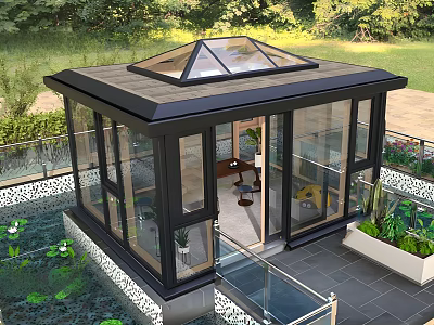 Modern Sunroom With Glass Walls Skylight Roof And Surrounding Garden Greenery 3d model