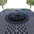 Outdoor Water Fountain With Bronze Sculpture Tree Surroundings And Patterned Paving