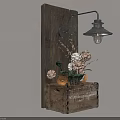 Rustic Wall Lamp With Glowing Bulb On Wooden Plank And Flower Crate