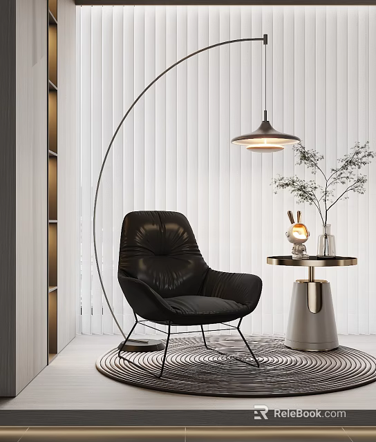 Contemporary Black Leather Single Sofa Interior With Side Table Rabbit Figurine Plant And Pendant Light 3d model 
