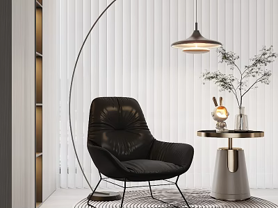 Contemporary Black Leather Single Sofa Interior With Side Table Rabbit Figurine Plant And Pendant Light 3d model