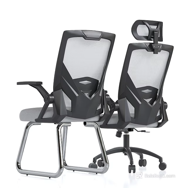 Modern Office Chair With Mesh Backrest Adjustable Headrest Black Gray Design And Metal Frame 3d model 