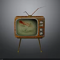 Vintage Television With Red Casing Green Screen Antenna And Tripod Stand