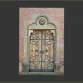 Red Brick Entrance Door With Wooden Panels Iron Decorative Elements Circular Ornament And Stone Steps