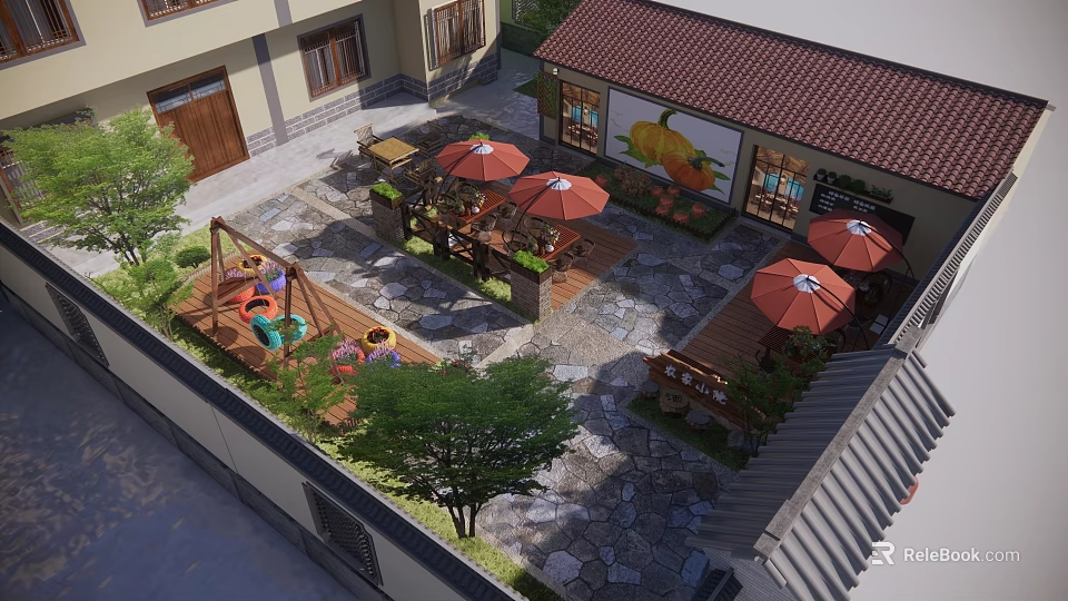 Traditional Courtyard Garden Landscape With Seating Areas Umbrellas Swing And Green Plants 3d model 
