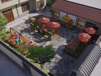 Traditional Courtyard Garden Landscape With Seating Areas Umbrellas Swing And Green Plants 3d model